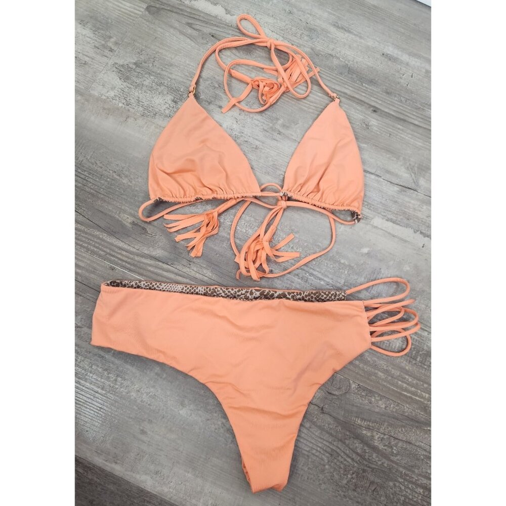 Acacia Women's Sz. L Triangle Fringe Top/Maui Bottom Peach Bikini